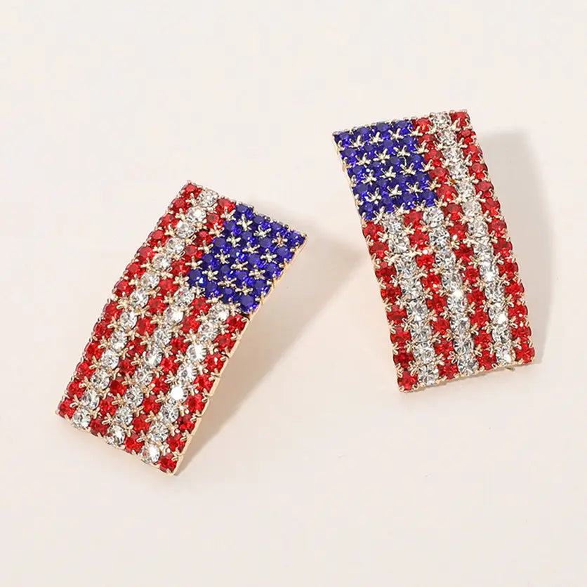 Earrings Stone Paved American Flag Accent Enamel