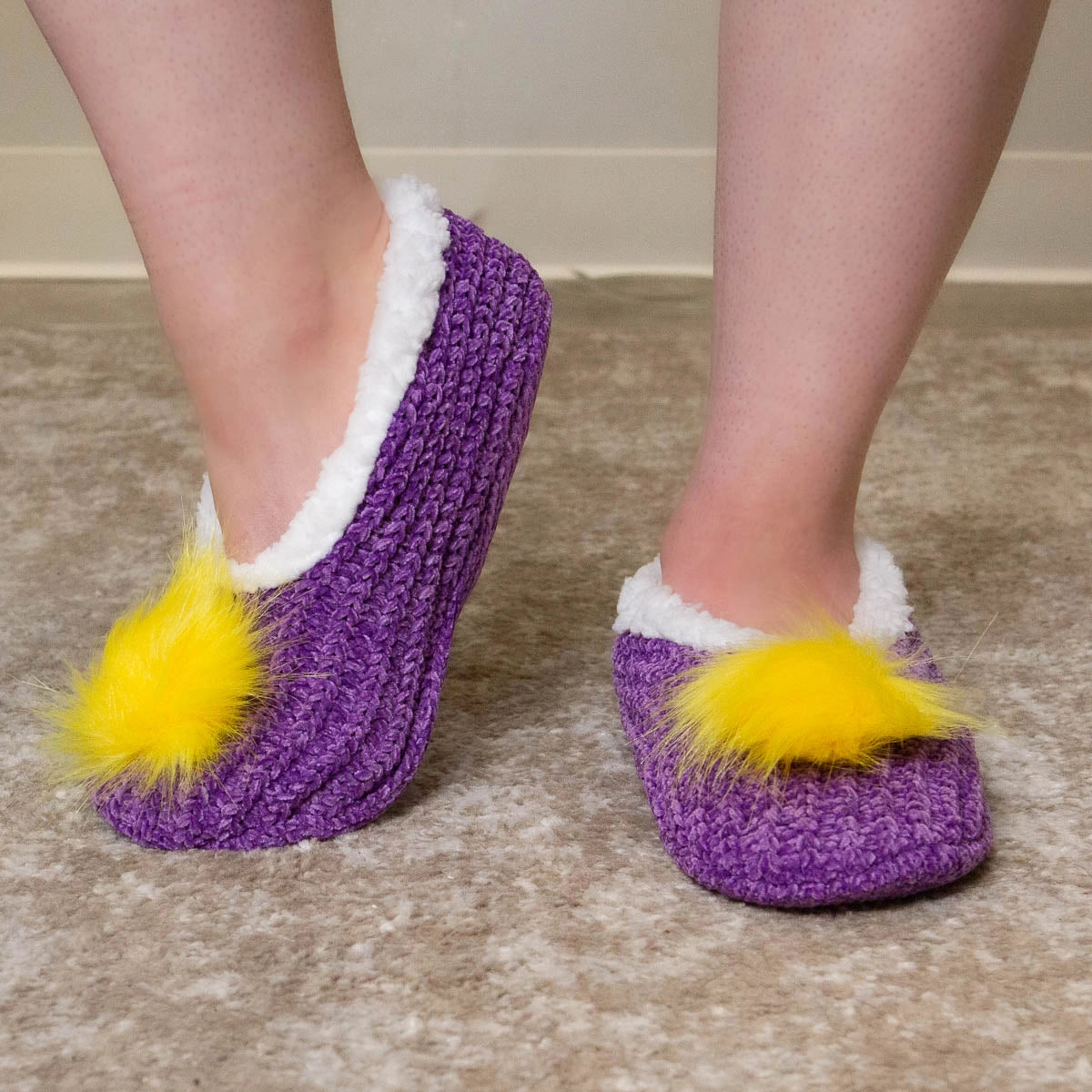 Women's Pom Pom Sherpa Footsies Purple Yellow L/XL