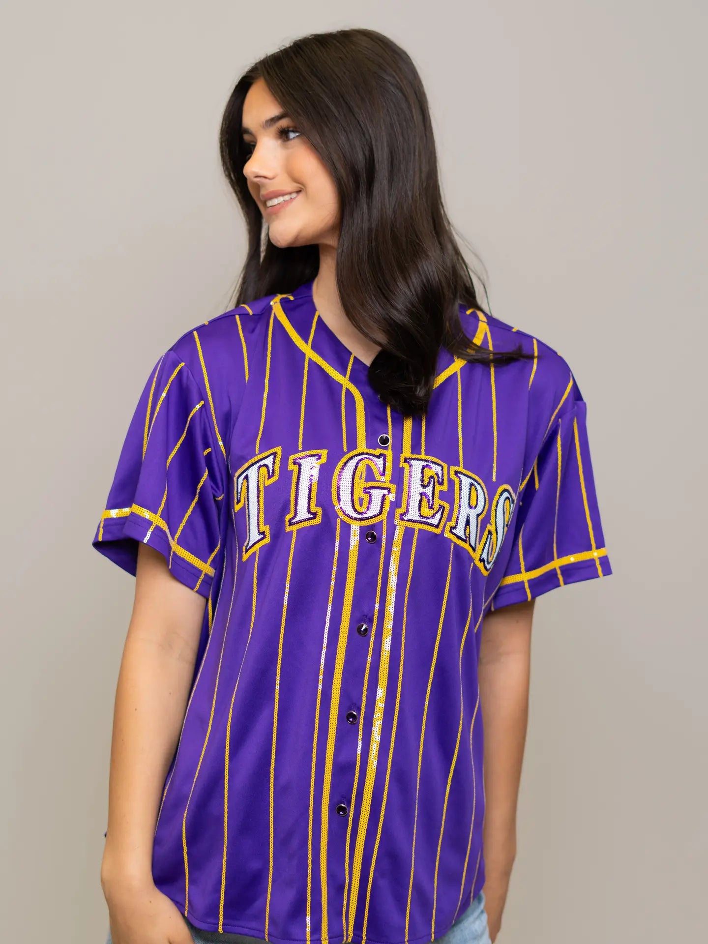 LSU Tigers Women's Pinstripe Baseball Sequin Embroidery Jersey