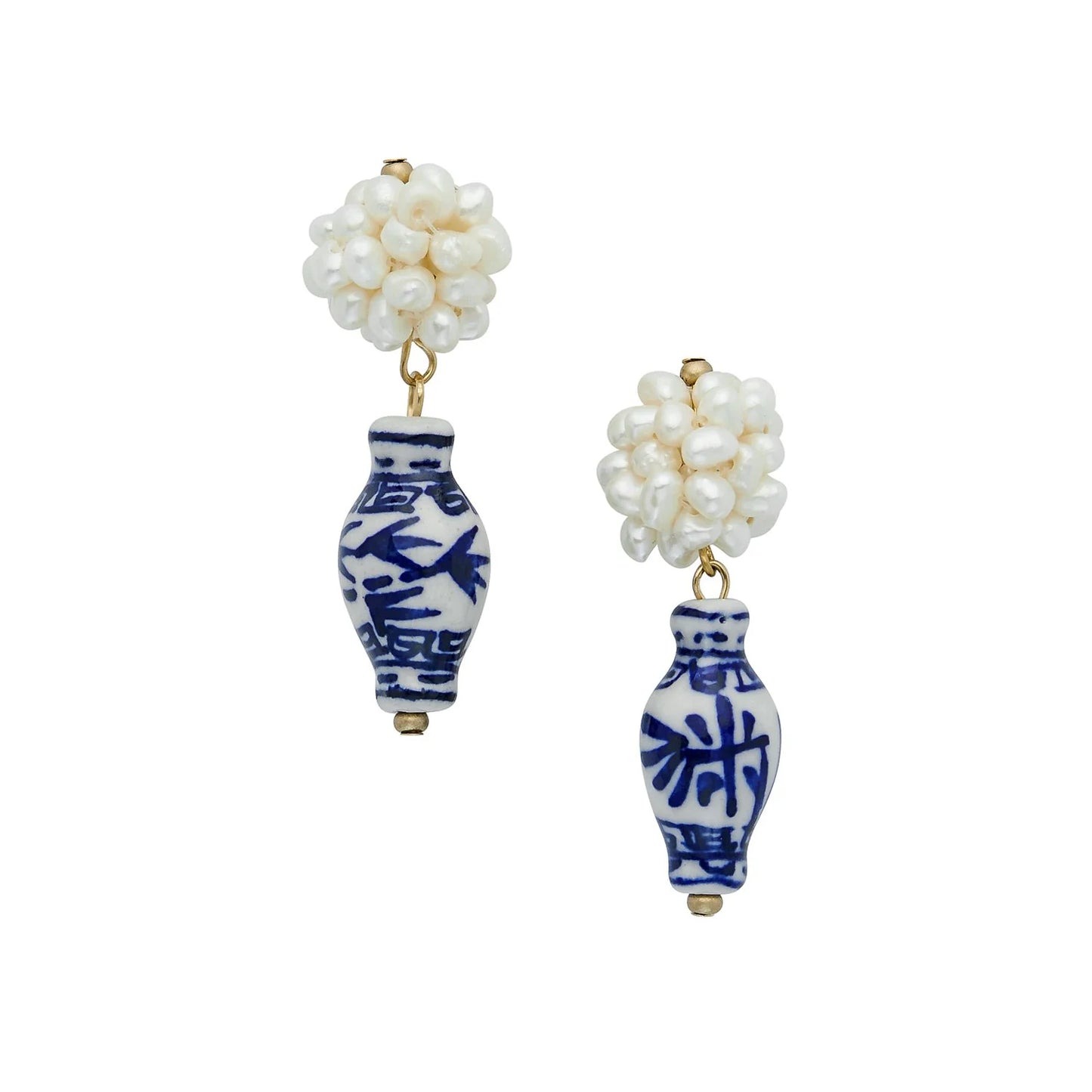 Earrings Pearl and White Ginger Blue Cluster