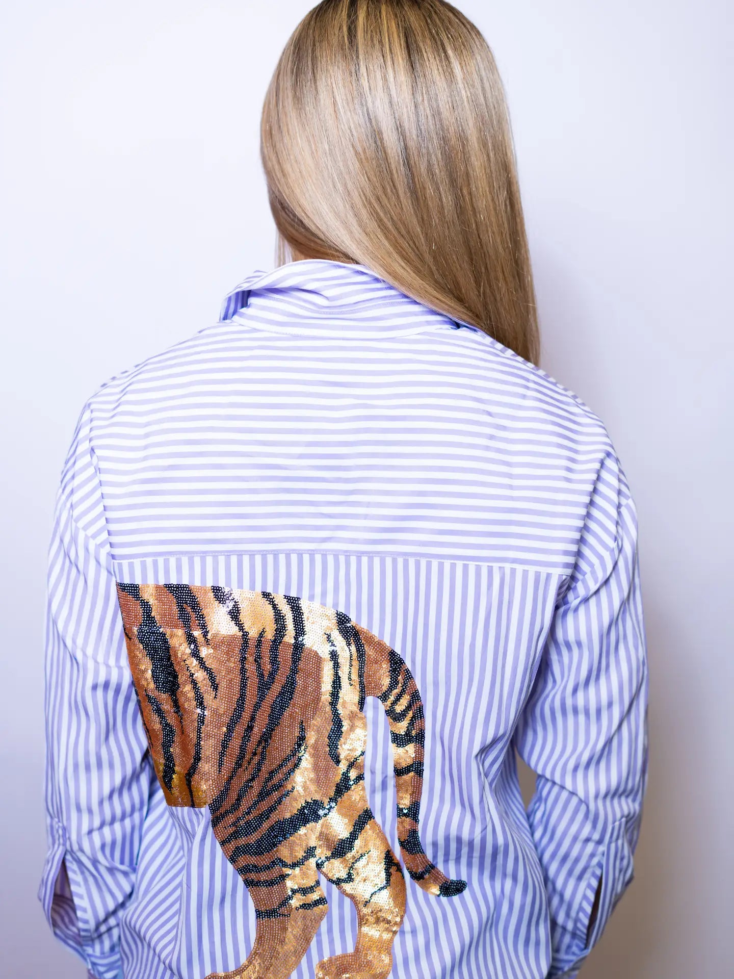 Women's Purple Shirt Button Down Stripe with Tiger