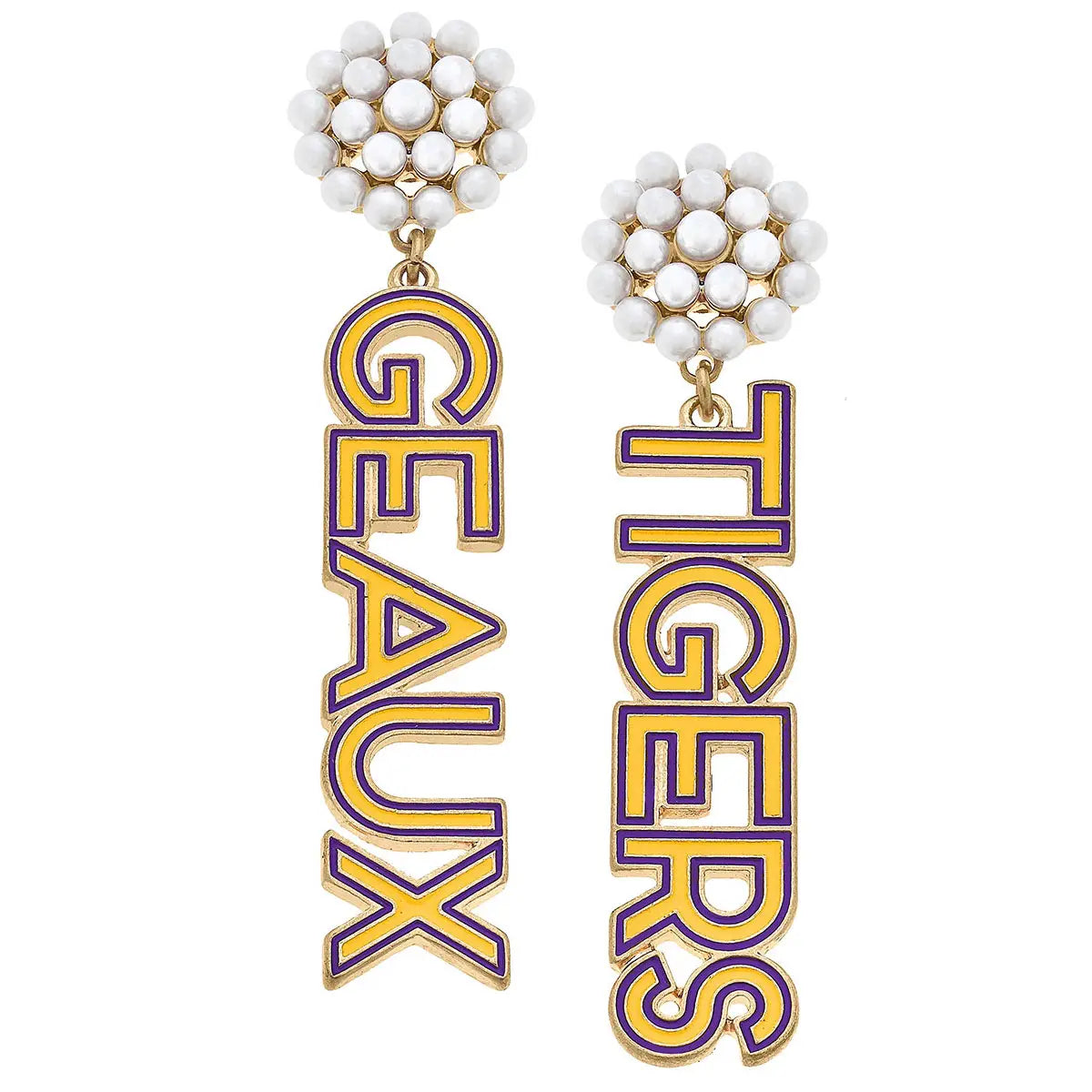 LSU Tigers Earrings Pearl Cluster Outline Enamel Drop in Yellow Geaux Tigers