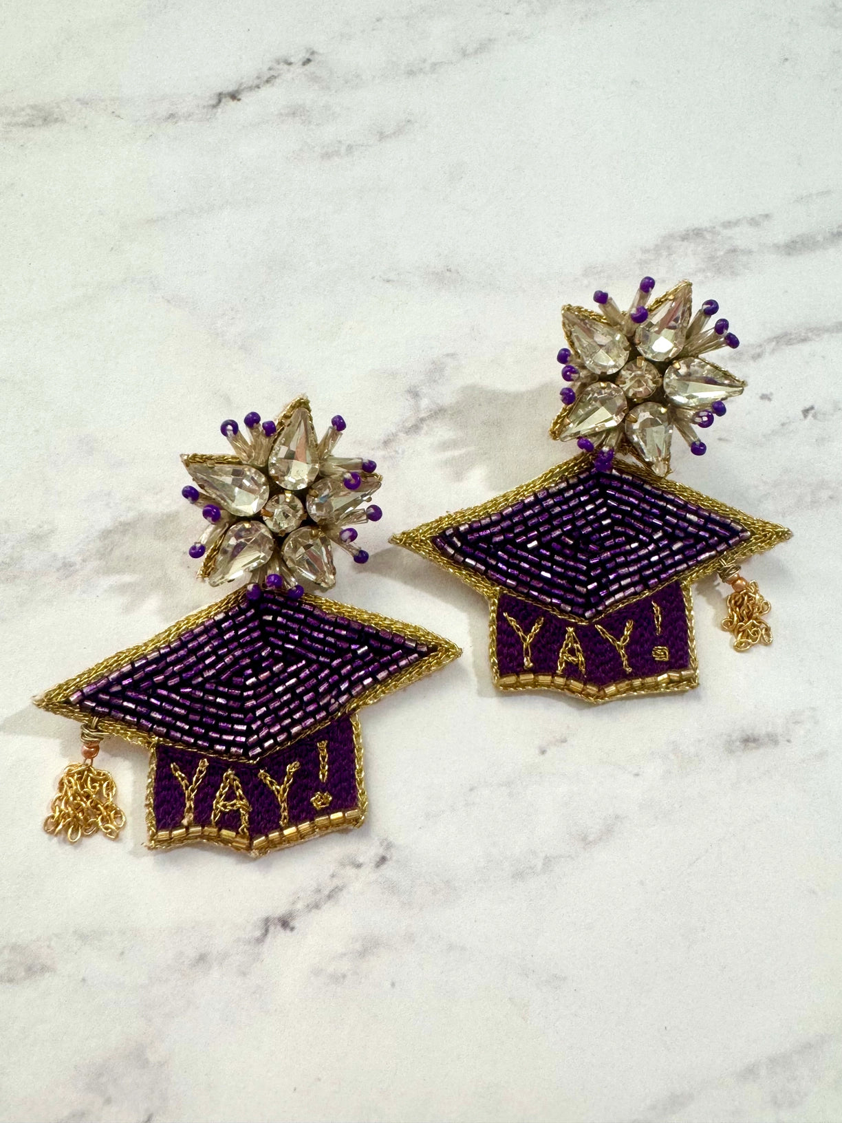 Earrings Graduation Hat Purple Gold Beaded