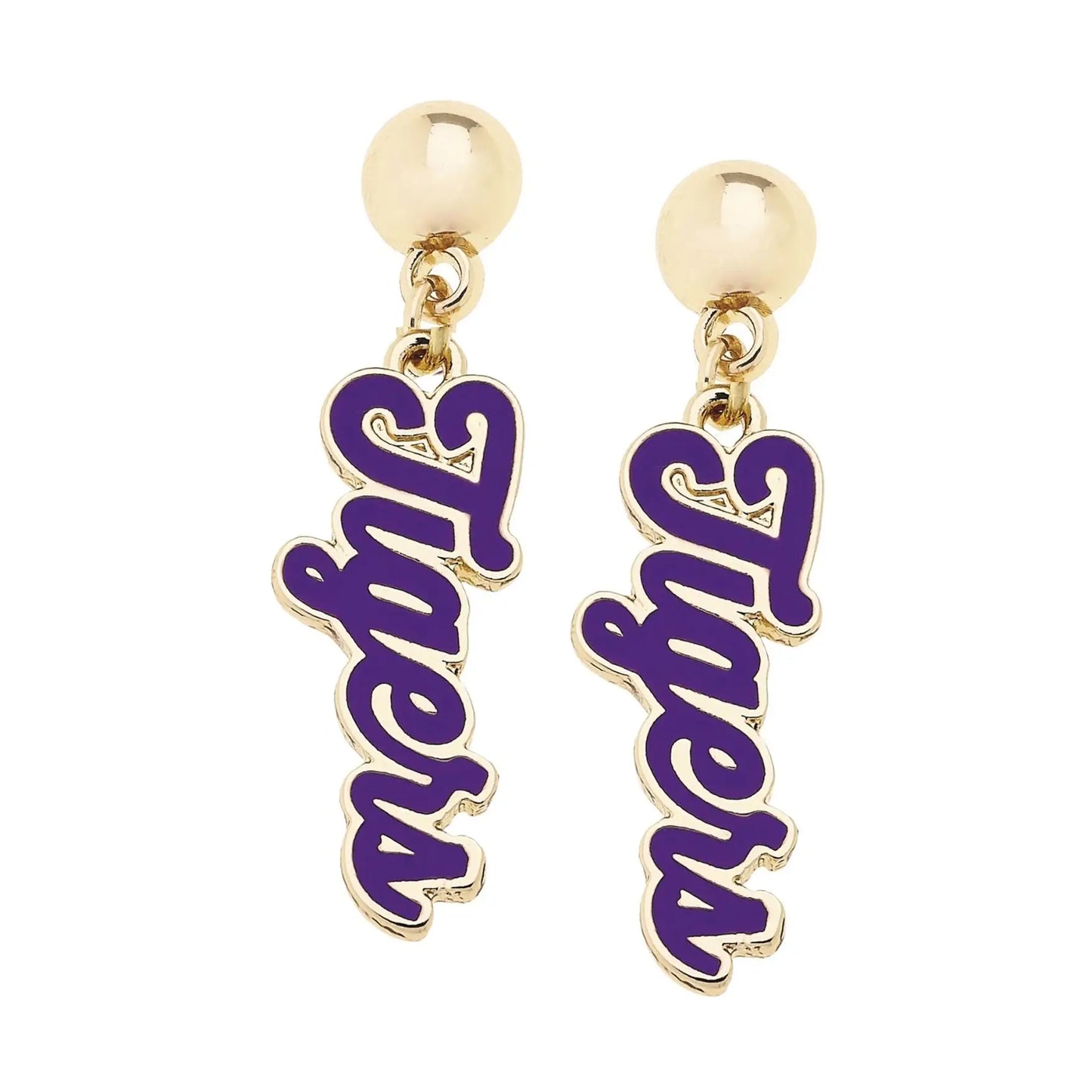 LSU Tigers Earrings Geaux Script Shiny Gold