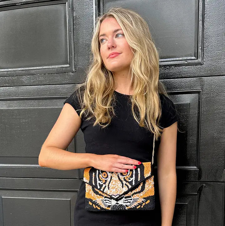 Bag LIvy Beaded Flapover Clutch Crossbody Tiger