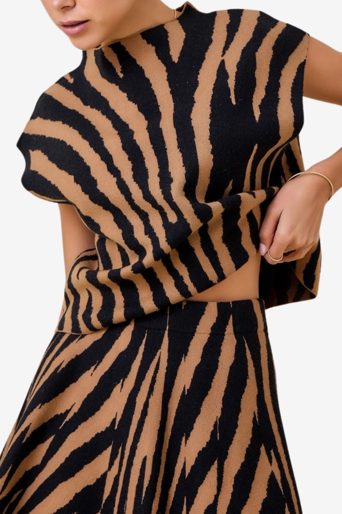 Women's Sweater Top Boxy Knit Mock Tiger Print