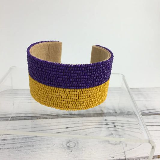 Cuff Bracelet Beaded Purple & Gold