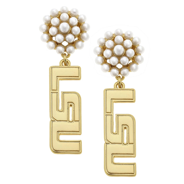 LSU Tigers Earrings Pearl Cluster Drop 24k Gold Plated