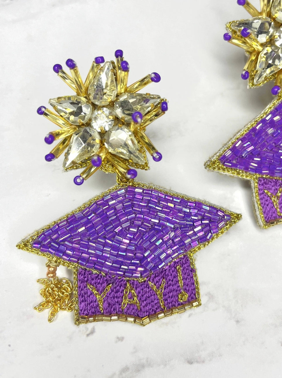 Earrings Graduation Hat Purple Gold Beaded