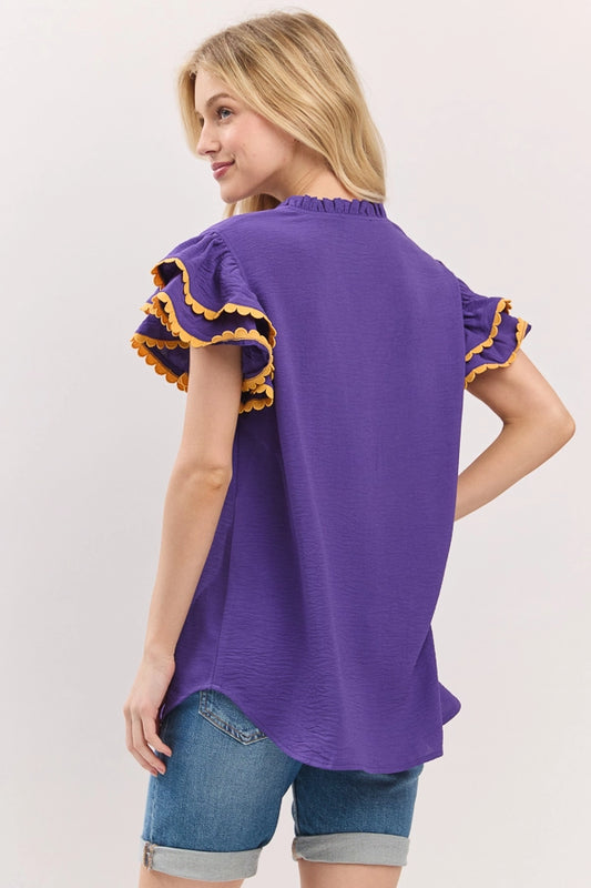 Women's Ruffle Sleeve Scallop Trim Top