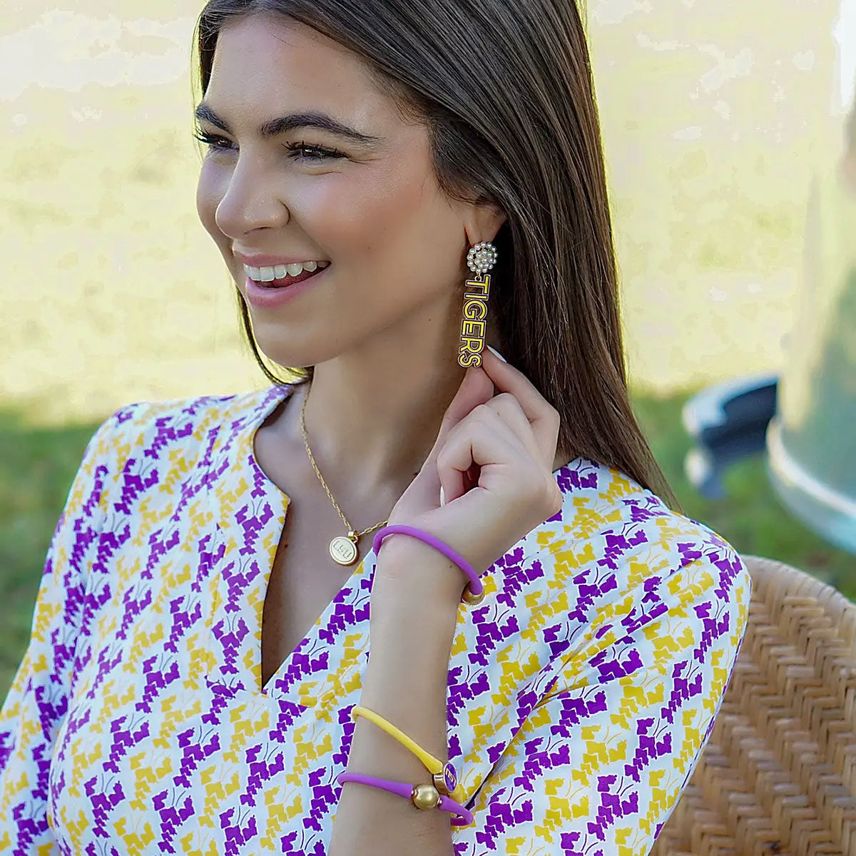 LSU Tigers Earrings Pearl Cluster Outline Enamel Drop in Yellow Geaux Tigers