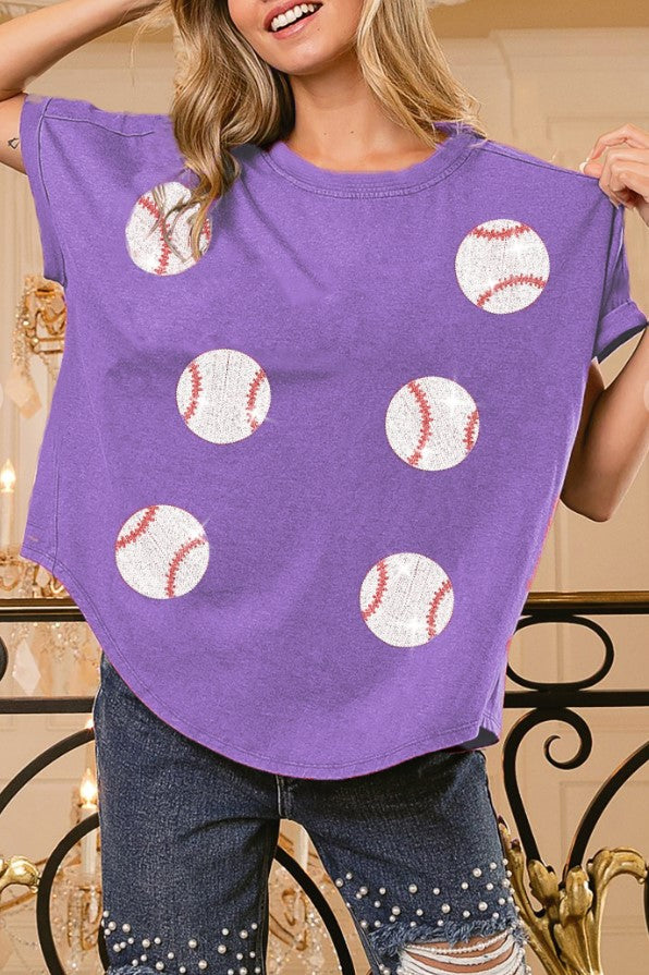 Women's Baseball Sequin Embroidered Short Sleeve T-Shirt Top