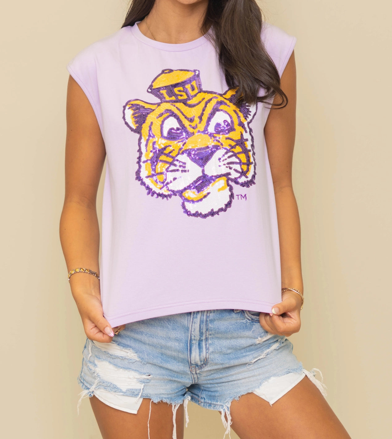 LSU Tigers Women's Sequin Design Cartoon Mike Boxy Tank Top