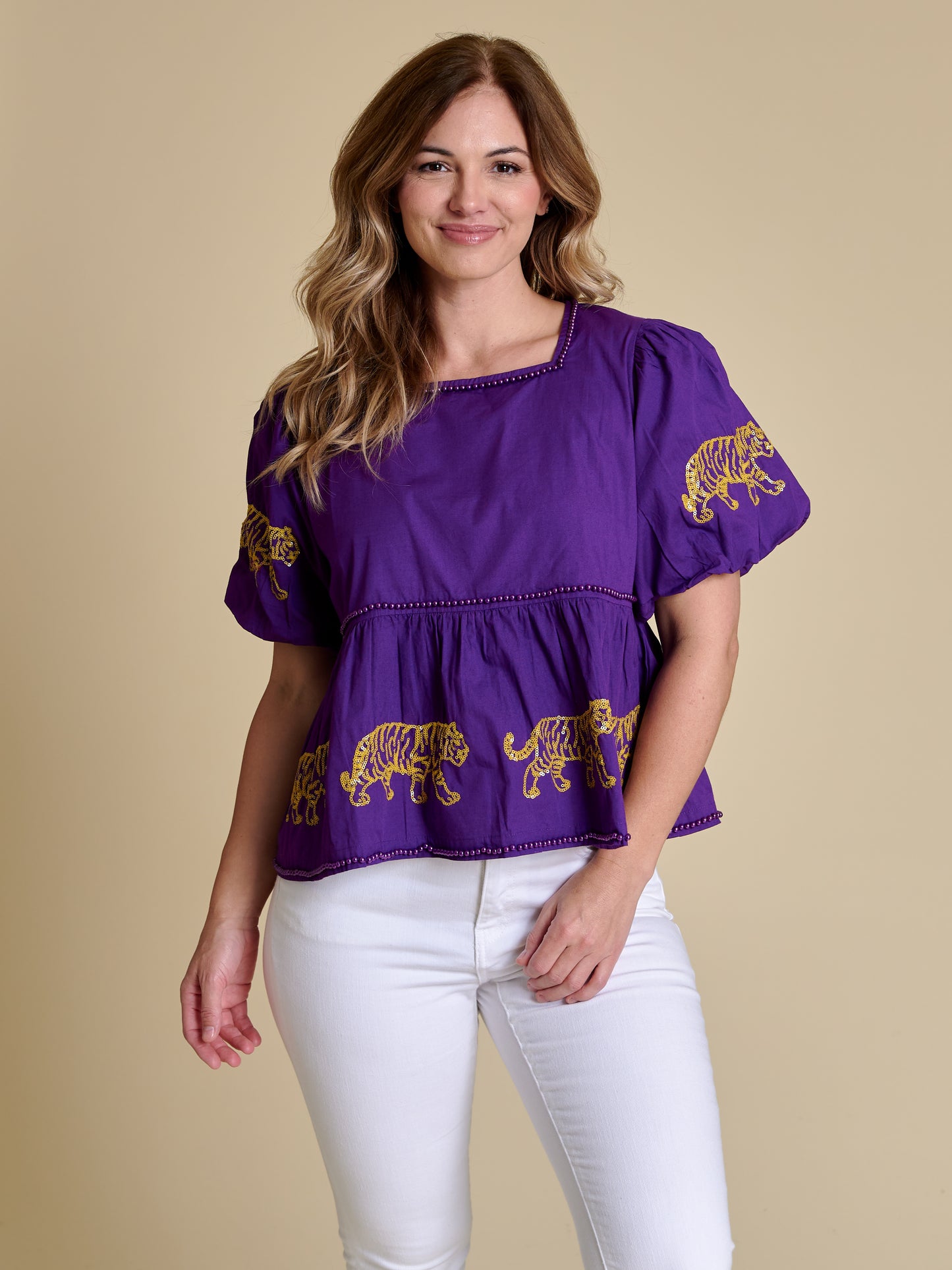 LSU Tigers Women's Puff Sleeve Peplum Top