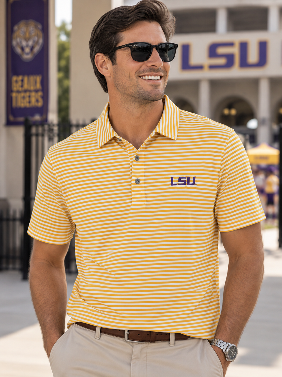 LSU Men's Polo Yellow Virtue Eco Pique Stripe Recycled