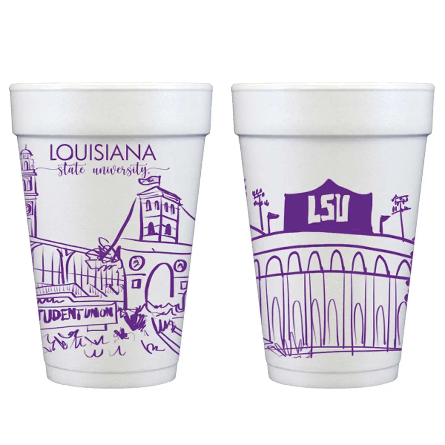 LSU Campus Skyline Foam Cups Set of 10 16oz