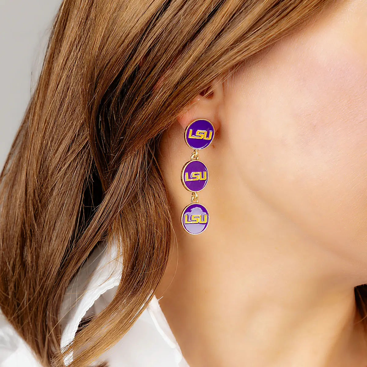 LSU Tigers Triple Drop Disc Stud Enamel Earrings