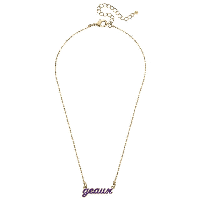 LSU Tigers Necklace Enamel Script Geaux Purple