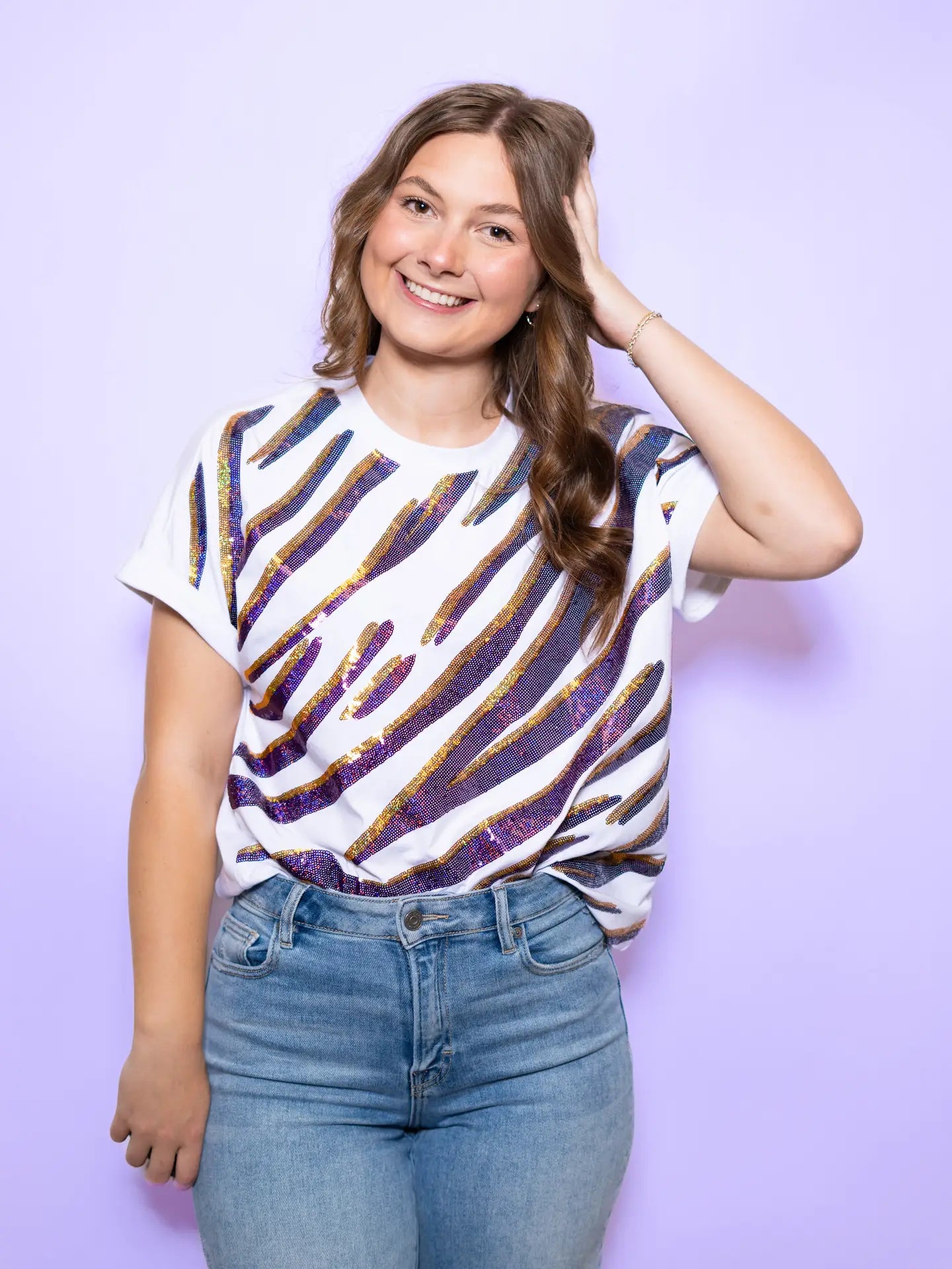 Women's T-Shirt Purple & Gold Tiger Stripe Cuff Sleeve