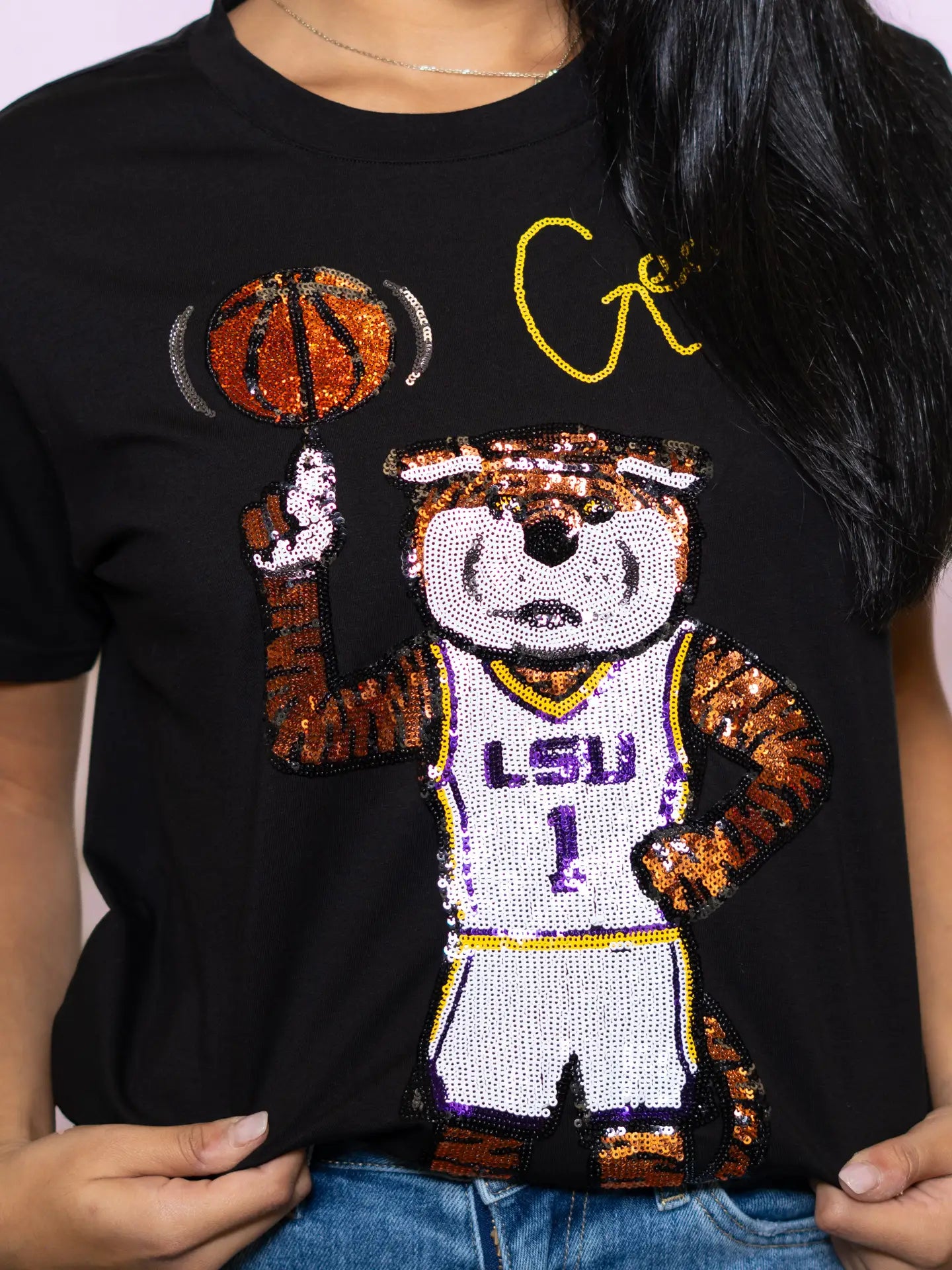 LSU Tigers Women's Sequin Black Dunking Tiger Basketball