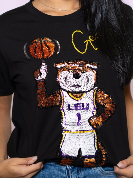 LSU Tigers Women's Sequin Black Dunking Tiger Basketball