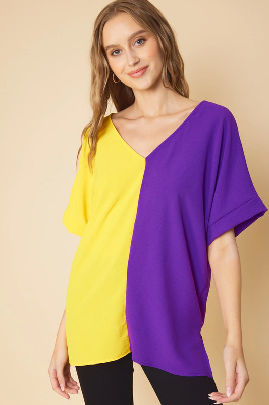 Women's Color Block V-Neck Air Flow Short Sleeve Woven Top