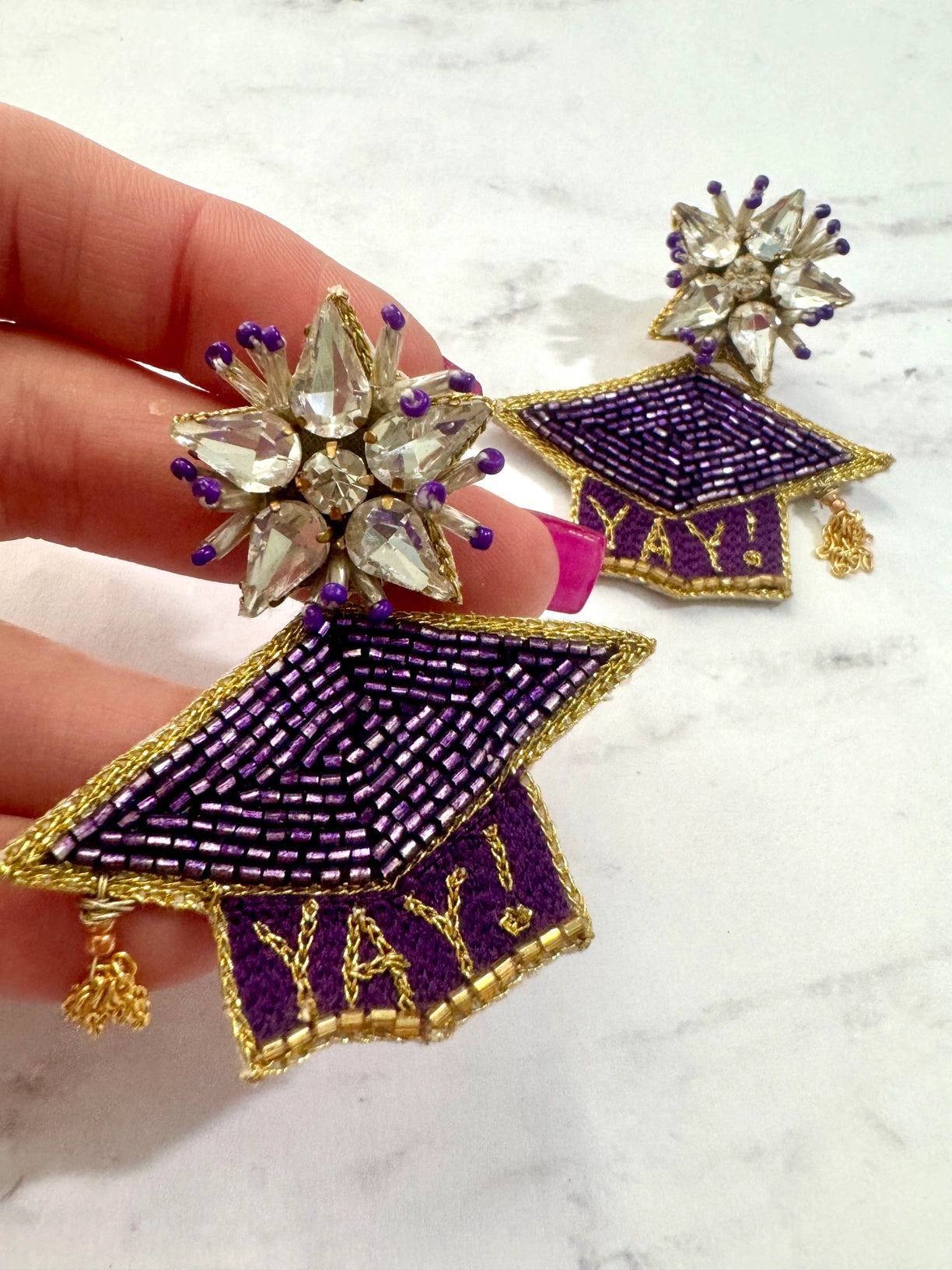 Earrings Graduation Hat Purple Gold Beaded
