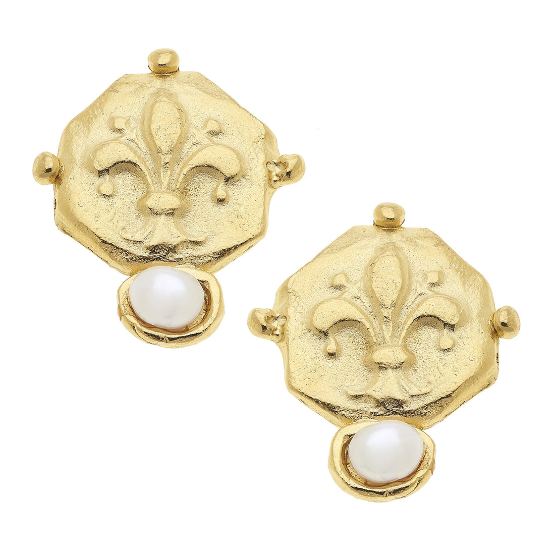 Earrings Gold Fleur De Lis Intaglio Freshwater Pearl