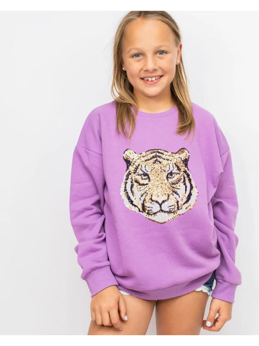 Sweatshirt Youth Tiger  Face Sequin Light Purple