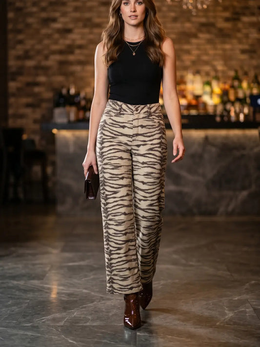 Women's Tiger Print Cotton Twill mid-rise Leg Pants