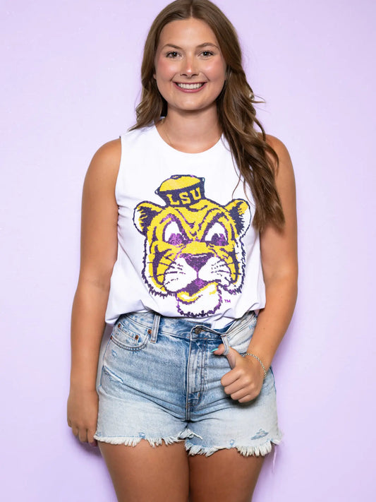LSU Tigers Women's Tank Top Sequin Cartoon Mike