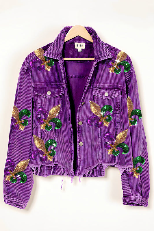Women's Fleur de Lis Sequin Patches Mardi Gras Jacket