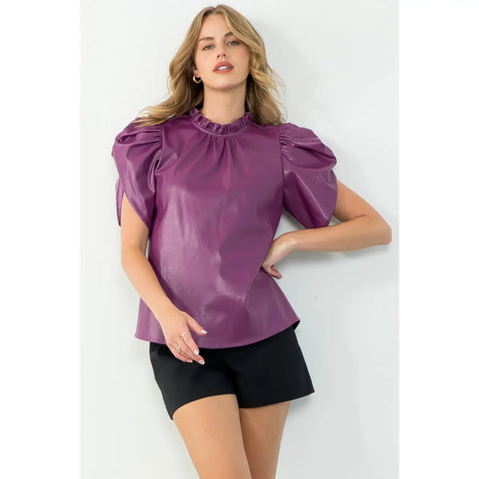 Women's Ruched Sleeve Leather Top