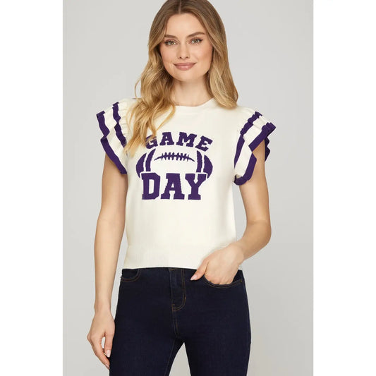 Women's Gameday Purple Ruffle Sleeve Sweater Top