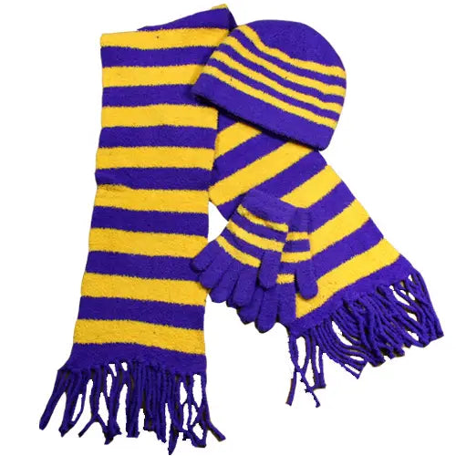 Purple & Gold Scarf, Gloves, Hat 3PC Set