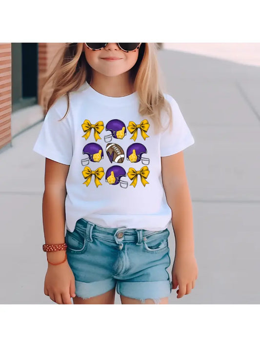 Kid's Football and Bows Gameday Purple & Yellow T-Shirt