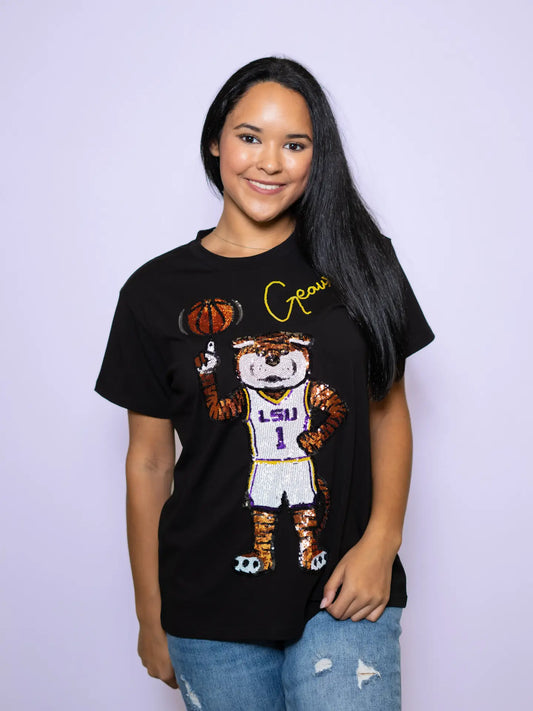 LSU Tigers Women's Sequin Black Dunking Tiger Basketball