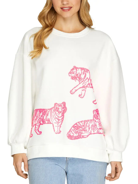 Women's Long Sleeve Tiger Sequined Knit Top