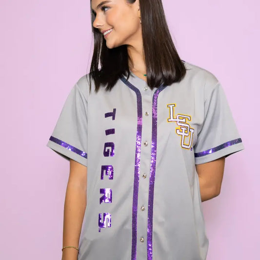 LSU Tigers Women's Sequin Embroidery Baseball Jersey with Tigers