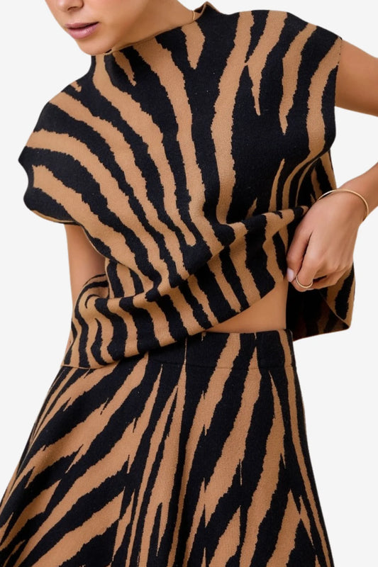 Women's Sweater Top Boxy Knit Mock Tiger Print
