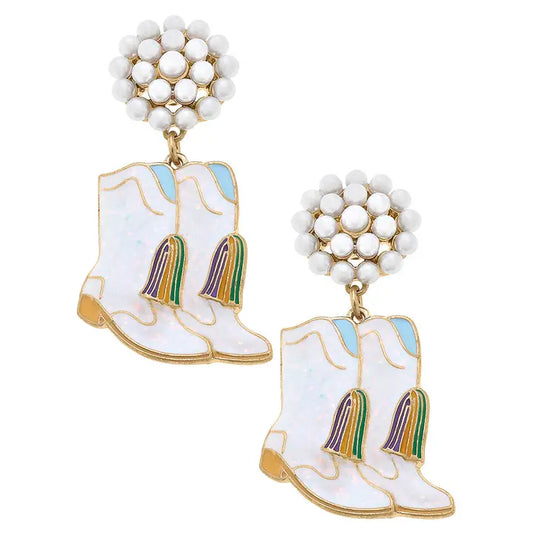 Earrings Mardi Gras Sparkle Boots Enamel in White