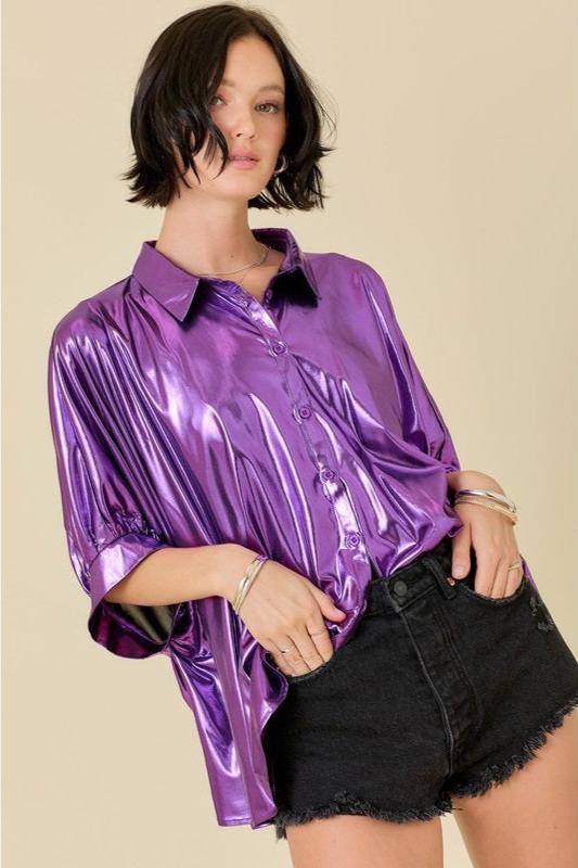 Women's Solid Metallic Collar Neck Shirt