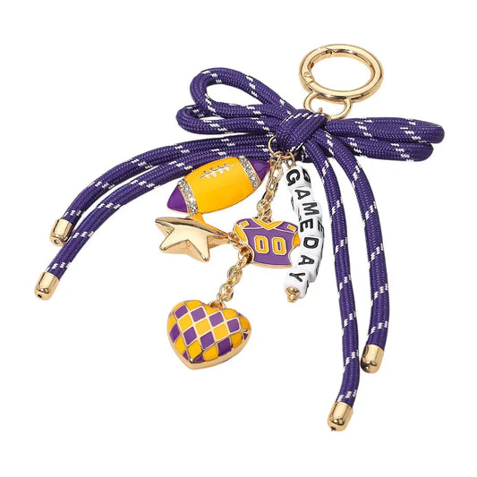 Bag Charm Football Themed Gameday Message Beaded Rope Bow Accent Keychain