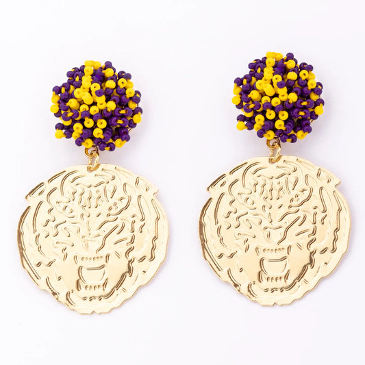 LSU Tigers Earrings Mike the Tiger Purple and Gold Drop