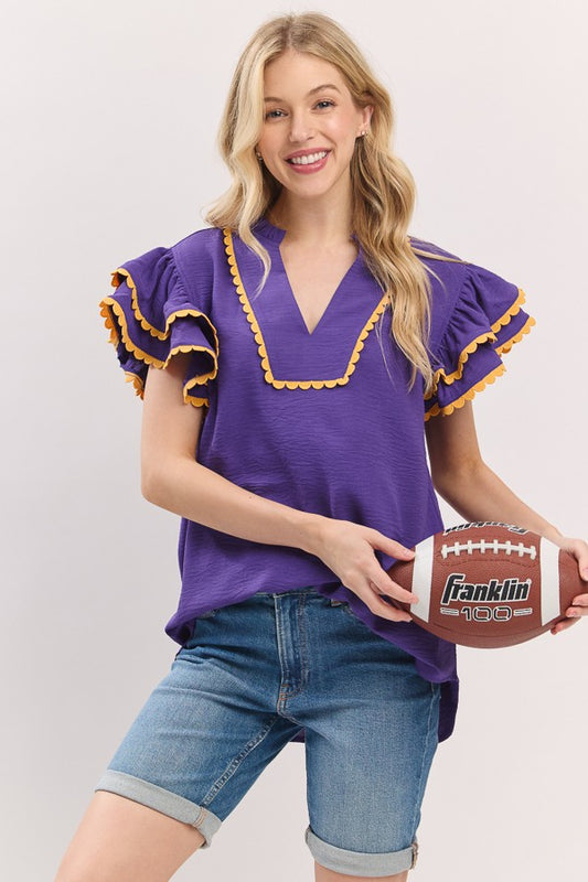 Women's Gameday Ruffle Sleeve Scallop Trim Top