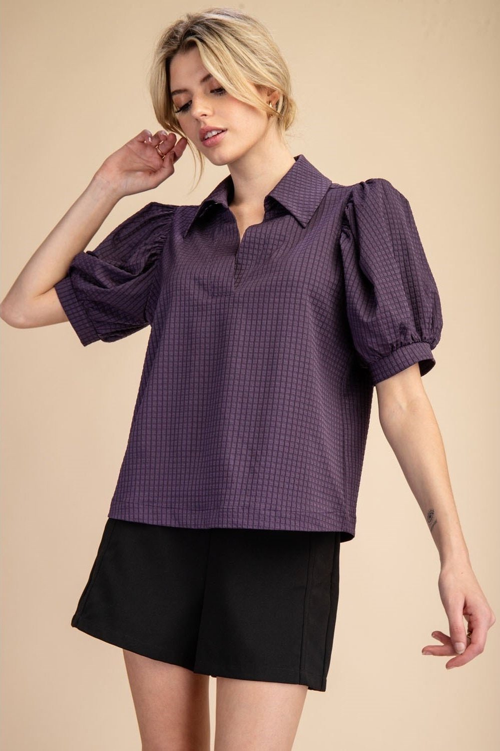 Women's V-Neck Collar Puff Sleeve Texture Top