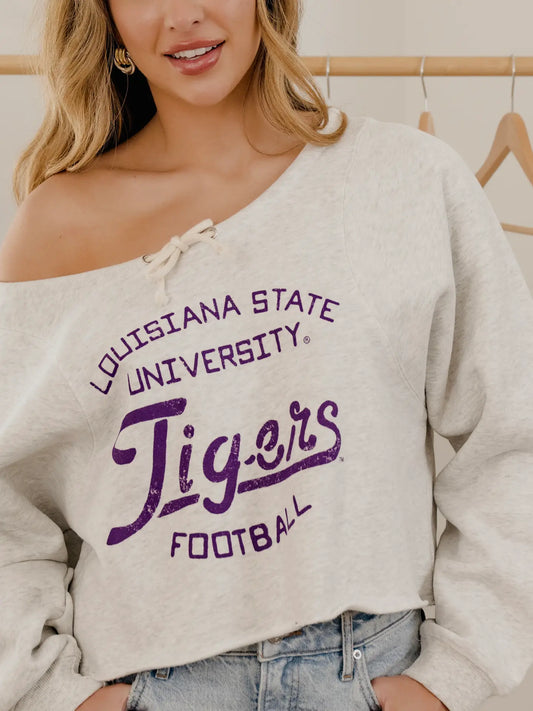 LSU Tigers Football Stencil Tie Off Shoulder Sweatshirt