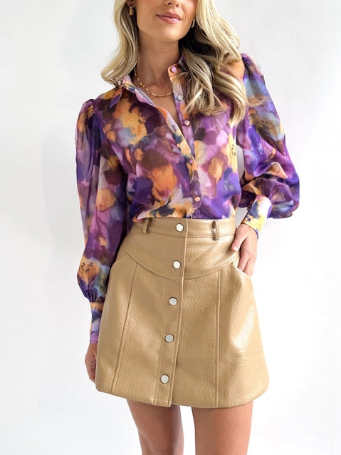 Women's Shirt Tie Dyed V-Neck Purple Button Up