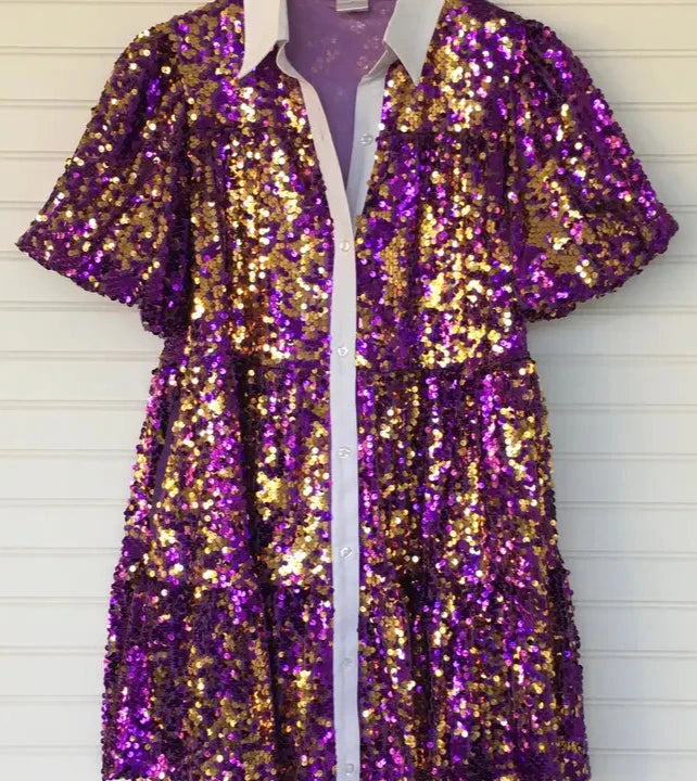 Dress Purple & Gold Sequin Smocked