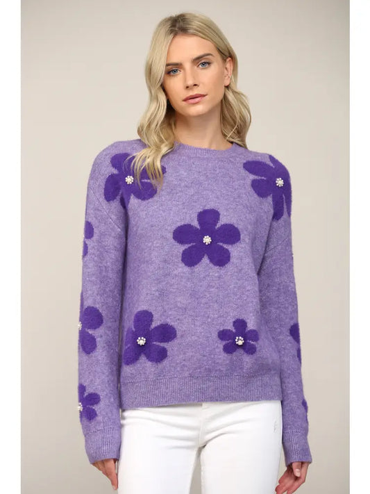 Women's Sweater Pearl Embellished Floral Jacquard Knit Fuzzy